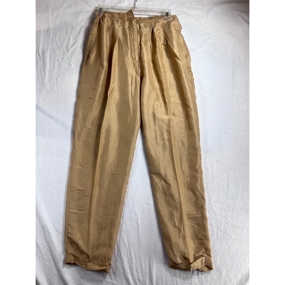 Corsini Vintage 100% Silk Pleated High Waisted Tapered Pants Tan Gold Womens M